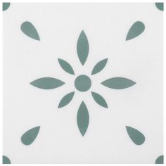 a white tile with green leaves on the bottom and one flower in the middle, against a white background