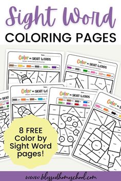 three color by sight pages with the text sight word coloring pages on them and an image of