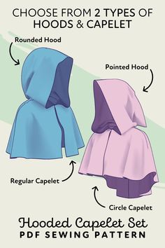 2 hooded capelets with labeled features for a set of sewing patterns Costume Hood Pattern, Fantasy Hood Pattern, How To Make A Hooded Cloak, Cape Hood Pattern, Simple Hooded Cloak Pattern, Large Hood Pattern, Free Capelet Pattern, Half Cape Pattern, Ren Fair Sewing Patterns