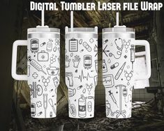 three travel mugs with medical symbols on them and the words digital tumbler file wrap