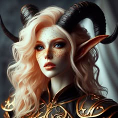 a woman with long blonde hair and horns on her head