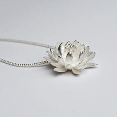 Large Waterlily Necklace with Lily-pad Clasp - Goldmakers Fine Jewelry Metal Flower Jewelry, Water Lily Necklace, Hand Crafted Jewelry, Elegant Silver Jewelry, Pendant Ideas, Natural Jewelry, Water Lily Jewelry, Lotus Flower Jewelry, Lily Necklace