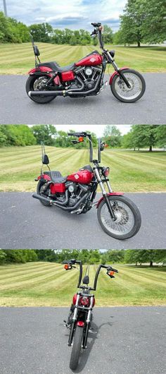 three different views of a red and black motorcycle