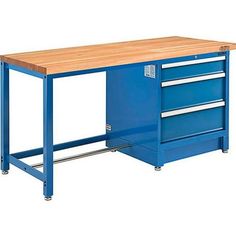 a blue workbench with drawers and a wooden top