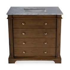 a wooden dresser with marble top and drawers on the bottom, against a white background