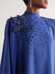 Zuhair Murad Embellished Cady Kaftan - Blue | Editorialist Embroidery On Shoulder, Sparkle Embroidery, Couture Beading, Zuhair Murad Haute Couture, Embroidery Fashion Detail, Hand Beaded Embroidery, Beading Netting, Turtle Neck Crop Top, Cobalt Blue Dress