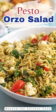 pesto orzo salad in a white bowl on a blue table with text overlay