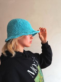 Handmade crochet bucket hat in soft acrylic yarn in blue bubble gum color. Comfy and keeps warm. Product size: 54-56см head girth.  Before ordering, please make sure that this item is the right size for you. Color: blue bubble gum ( color discrepancies may occur due to different monitor settings). Gender: unisex. Suitable for seasons: warm winter, spring and autumn. Material: supersoft acrylic yarn. Product care- machine washable, cool wash-30o, do not iron, do not tumble dry, do not chloride bl Blue Bucket Hat, Kangol Hats, Animal Print Earrings, Crochet Bucket, Crochet Bucket Hat, Blue Crochet, Rainbow Beads, Bohemian Floral, Drop Beads