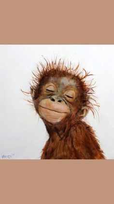 a painting of a monkey with its eyes closed and hair blowing in the wind, on a white background