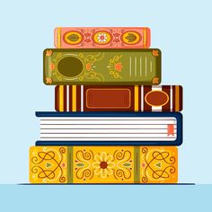 three books stacked on top of each other, one with an ornate design and the other with