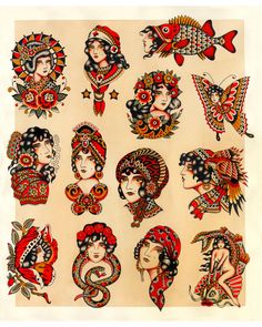 an old fashion tattoo design with women in headdress