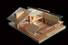 an architectural model of a house with stairs and balconies on the roof, in front of a black background