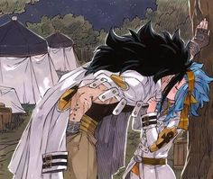 an anime scene with two people dressed in costumes and one is holding his head down