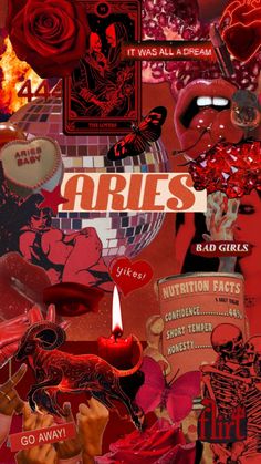 a collage of red and black images with the word aris on it's side