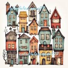 a bunch of houses that are painted in watercolor and ink with the words take me home on them