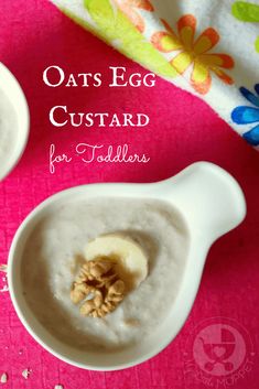 oats egg custard for toddlers is in a white bowl on a pink tablecloth