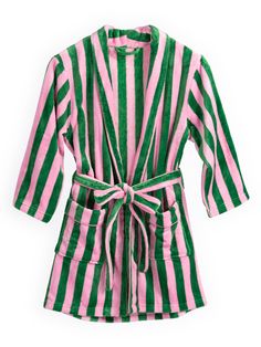 Add a subtly festive touch to your loungewear with Shiraleah’s Felicity Stripe Robe. With a vibrant, vertical striped pattern in bright green and feminine pink, this plush robe is perfect to wear year-round or to celebrate the holiday season. Made from luxuriously soft fabric with two front pockets and an adjustable wrap around belt, there is nothing else you’ll want on your body after a hot and refreshing shower! Pair with the matching Felicity Stripe Slippers, or other items from Shiraleah’s M Best Robes, Bath Robe Aesthetic, Green Bathrobe, Stripe Robe, Bathrobes For Women, Striped Slippers, Terry Robe, Plush Robe, Fashion Diary