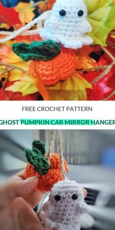 crocheted pumpkins are hanging from strings with the words free crochet pattern ghost pumpkin car mirror hanger