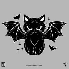 a black cat with bats on it's wings