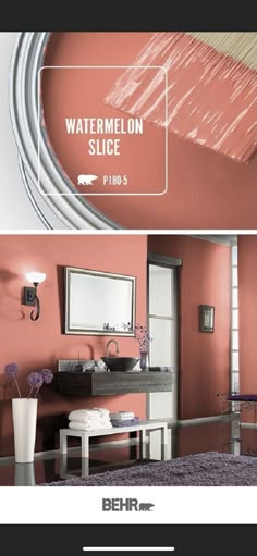 the bathroom is painted in pink and white with an orange paint color on the wall