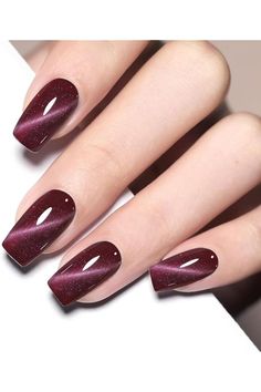 Garnet Nail Color, Nails For Autumn Fall, Burgundy Nails Short Square, Fall Colors For Nails Autumn, Plum Cat Eye Nails, Cat Eye French Manicure, Dark Purple Cat Eye Nails, Burgundy Nails Fall, Fall Nails Red Burgundy