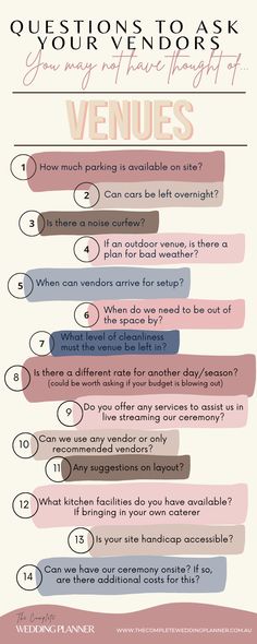 14 questions to ask your wedding venue vendor. 1. How much parking is available 2. Can cars be left overnight 3. Is there a noise curfew 4. If an outdoor venue, is there a plan for bad weather? 5. When can vendors arrive for set up? 6. When do we need to be out of the space by? Acotar Wedding, Wedding Lists, 2026 Wedding, Small Wedding Decor, Bride Ideas, Wedding Options, Wedding List, Planning Tools, Engaged Couple