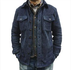 Adventure Clothing Men, Wool Jacket Outfit, Denim Wool Jacket, Sashiko Jacket, Outfits Retro, American Casual, Wool Clothing, Chore Jacket, Motorcycle Outfit