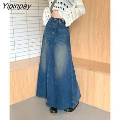 Shipping: Worldwide Express Shipping AvailableDelivery time: 🚚7-15Days Fast ShippingReturns: Fast refund,💯100% Money Back Guarantee.Brand Name: GUUZYUVIZMaterial: CottonStyle: CasualElasticity: Non StrechOrigin: Mainland ChinaCN: GuangdongFabric Type: DenimWaistline: Natural FactorsPattern Type: SolidFit Type: Loose FitSilhouette: A-LINEDresses Length: Mid-CalfAge: 25-34Decoration: ButtonPlace Of Origin: China (Mainland)is_customized: YesModel Number: 0610 yuan chuangGender: WOMENSize: XS S M Button Down Denim Maxi Skirt, Denim Maxi Skirt Outfit Boho, Style A Long Denim Skirt, Long Dress With Jeans, Cute Blue Outfits Aesthetic, Jean Skirts Long, Denim Day Outfits, Aesthetic Blue Outfits, Blue Outfits Aesthetic