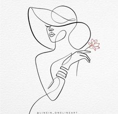 a line drawing of a woman with a flower in her hand, wearing a hat