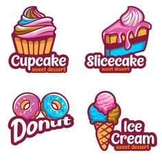 four different logos for ice cream and cupcakes, one with pink icing