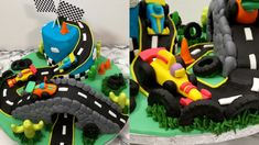 two cakes decorated to look like race cars and roads are on top of each other