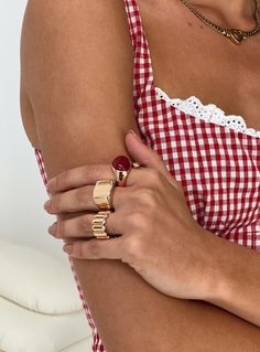 Gold-toned ring pack Pack of three, chunky style, gemstone detail Princess Polly Lower Impact 90% reclaimed zinc alloy 10% semi-p stone Gold Rings With Stones, Chunky Gold Rings, Rings With Stones, Multi Ring, Baby Crop Top, Chunky Ring, Pink Formal Dresses, Corsets And Bustiers, Chunky Rings