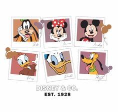 the disney characters are shown in four different pictures, including mickey mouse and goofy duck