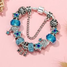 Blue & Silver Sparkling Stars Charm Bracelet. Length 21cm Clasp Type Pandora Style Elsa Stuff, Descendants Dr, Dr Closet, Blue Charm, Sparkling Stars, Pandora Style, Blue Bracelet, Star Charms, Descendants