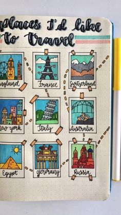 an open notebook with travel pictures and markers on the pages that are written in spanish