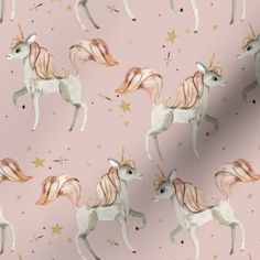 a pink unicorn wallpaper with gold stars on it's face and manes