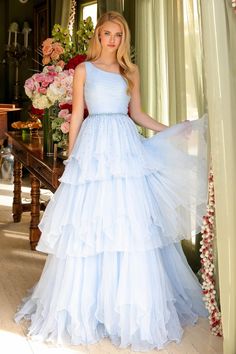 Ruffle Ball Gown, Allure Couture, Baby Blue Dresses, Princess Sleeves, Sherri Hill Prom Dresses, Ruffle Fabric, Prom Ball Gown, Prom Designs, Designer Prom Dresses