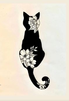 a drawing of a cat with flowers on it's back