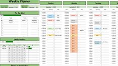 a spreadsheet showing the daily planner for each month and week, with different times