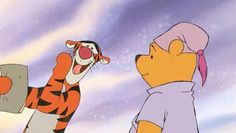 winnie the pooh and tigger looking at each other in front of a sky background