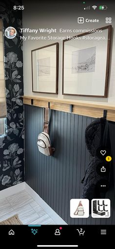 an image of a bathroom with black and white wallpaper