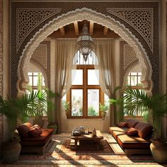 a living room with lots of furniture and plants in the window sill, along with a chandelier hanging from the ceiling