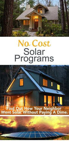 the book cover for no cost solar programs, featuring a small house in the woods