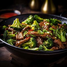 beef and broccoli stir fry in a wok on a table with other food items