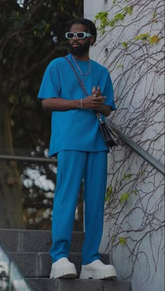 Blue Outfits Men Aesthetic, Blue Outfit Inspo Men, Boohoo Outfits Men, Male Outfit Ideas Aesthetic, All Blue Outfit Men, Mens Blue Outfit, Drippy Fits Men, Blue Outfit Aesthetic Men, Mens Drippy Outfits