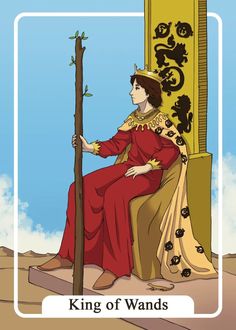 the king of wands is sitting on a chair with his arm around a tree