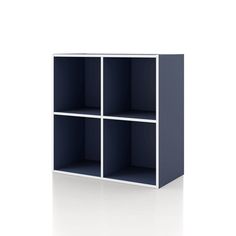 an empty blue shelf with four sections