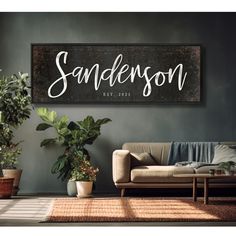 a living room with a couch and potted plants