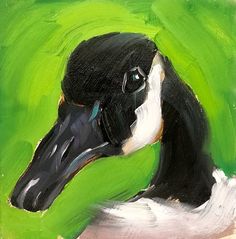 a painting of a black and white duck on a green background with the head turned to the side