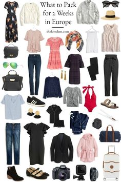 what to pack for 2 weeks in europe with clothes, shoes and accessories on display